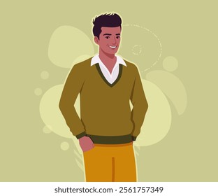 Handsome smiling dark skin young businessman confident pose. Guy in sweater modern casual look, authentic pakistani indian male model. Vector flat style cartoon illustration, creative background color