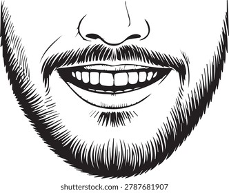 Handsome Smiling Man with Beard Line Drawing