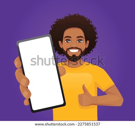 Handsome smiling man showing thumb up gesture and blank phone screen vector illustration on purple background