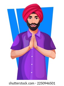 Handsome Smiling Punjabi man greeting, standing in a greeting pose to Namaste hands, isolated on white background, a man wearing Turban. Avatar Vector illustration. Tradition and Fashion of India.