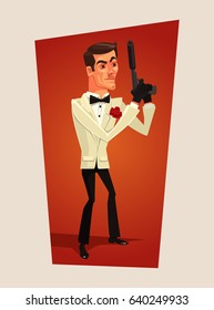 Handsome smiling secret agent spy man character. Vector flat cartoon illustration