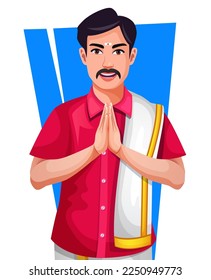 Un guapo hombre del sur de India sonriente saludando, en una pose de saludo a las manos de Namaste, aislado de fondo blanco, un hombre con dhoti. Ilustración de Avatar Vector. Tradición y moda de la India.