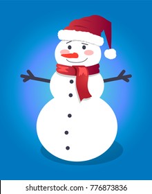 Handsome snowman in red hat and lovely scarf, vector illustration of smiling winter symbol with pretty orange carrot isolated on deep blue background