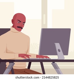 Handsome spanish man, Latin America person, working at computer desk. Office worker business look smart manager, beige turtleneck sweater, social media profile picture. Vector flat style illustration