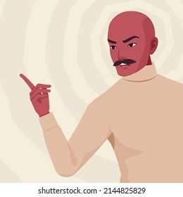Handsome spanish man, Latin America person finger pointing, talk, chat. Office worker, smart business manager in beige turtleneck sweater, social media profile picture. Vector flat style illustration