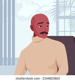 Handsome spanish man, Latin America person, sitting in computer chair. Office worker business look smart manager, beige turtleneck sweater, social media profile picture. Vector flat style illustration