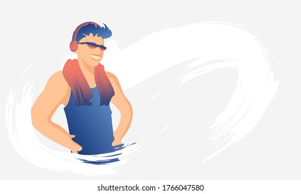 Handsome sporty guy in sunglasses with a towel on his shoulders after a workout. The concept of healthy energetic people involved in sports.