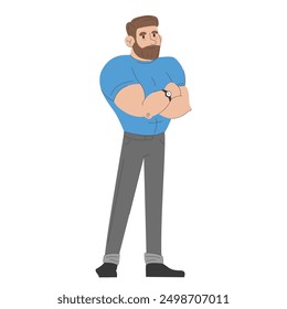 Hombre fuerte guapo con barba Vector de pie aislado. Carácter masculino musculoso de pie con los brazos cruzados. Atleta, cuerpo sano.