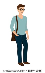 Handsome stylish men wearing glasses, blue fashion jeans and cardigan, isolated vector illustration. 