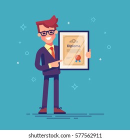 Handsome successful businessman holding diploma in his hands. Graduate of MBA. Modern vector illustration.