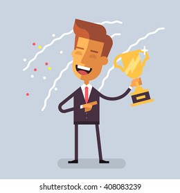 Handsome successful man in formal suit is holding a golden cup and smiling friendly. Vector illustration in flat design.

