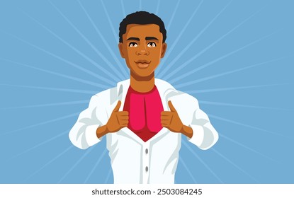 
Handsome Superhero of African Ethnicity Revealing Costume Vector Cartoon. Strong confident guy feeling invincible and successful 
