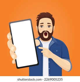 Handsome surprised man showing pointing to the blank phone screen vector illustration on orange background