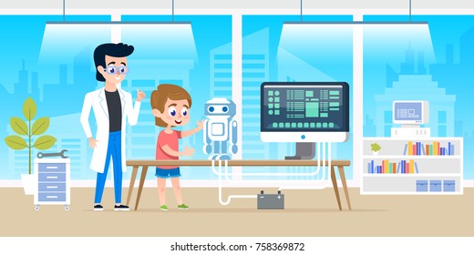 Handsome teacher help little boy with programming and creating smart robot. Courses at modern office classrom for kids. Vector illustration