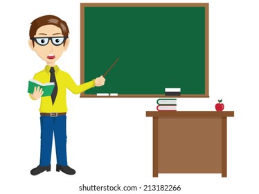 Handsome Teacher Presentation In Front Of The Blackboard