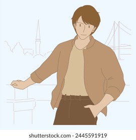 Handsome tourist man visiting sightseeing in journey on summer holidays tour. Model posing over beautiful travel landmark for taking photo. Hand drawn flat cartoon character vector illustration.