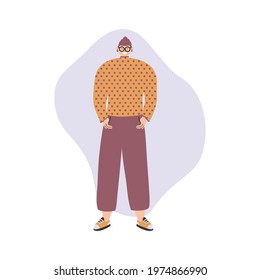 Handsome transgender teenager standing in bright gender neuthal clothing. Gender neutrality, genderqueer. Vector hand drawn flat illustration 