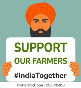 Hombres con barba y un bonito turbante sostienen carteles de apoyo a nuestros granjeros. India juntos. Agricultores de panjab protestan. Crisis del cuerpo blanco de paja. Ilustración vectorial de problemas agrarios