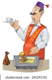 handsome turkish man making traditional coffee - cartoon