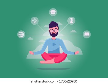 Handsome vector man sitting in lotus position and meditation. Online training. E-learning. Can be used on websites and web and. Search for new systems and trends in training. Color illustration.