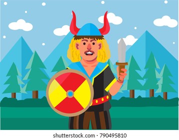 Handsome Viking Soldier Carrying Dagger and Shield Flat Cartoon