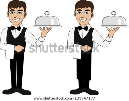 A handsome waiter in a bow tie with a bottle of wine and two wineglasses