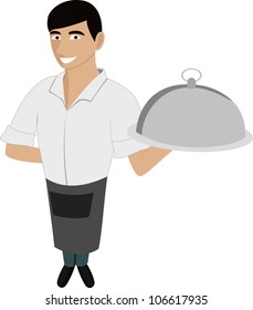 A handsome waiter with a dish