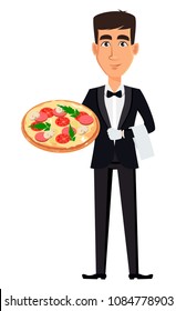 Handsome Waiter Wearing A Professional Uniform. Cheerful Cartoon Character Holding Tasty Pizza. Restaurant Staff. Vector Illustration.