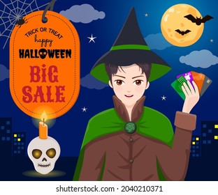 Handsome wizard shopping on halloween
