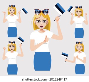 A handsome woman with the Estonian flag. A set of fan emotions. Vector illustration in cartoon style