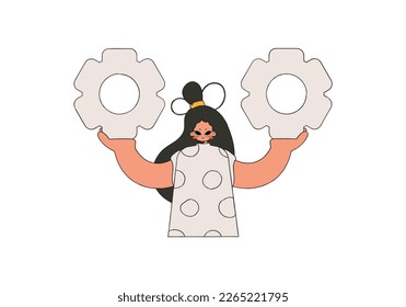 Handsome woman holding gears in her hands. Idea theme.