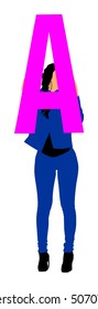 Handsome woman holding the letter A, vector silhouette illustration. Editable colors. Words making letter by letter. Learning alphabet, back to the school. Teacher carry class. Marketing commercial.