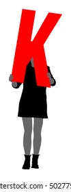 Handsome woman holding the letter K, vector silhouette illustration. Editable colors. Words making letter by letter. Learning alphabet, back to the school. Teacher carry class. Marketing commercial.