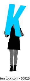 Handsome woman holding the letter K, vector silhouette illustration. Editable colors. Words making letter by letter. Learning alphabet, back to the school. Teacher carry class. Marketing commercial.