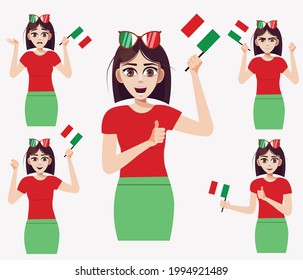 A handsome woman with the Italian flag. A set of fan emotions. Vector illustration in cartoon style