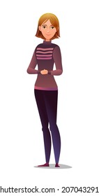 Handsome woman in pants and sweater. Cheerful middle aged girl. Cheerful person. Standing pose. Cartoon comic style flat design. Single character. Illustration isolated on white background. Vector