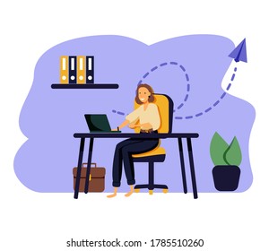 Handsome woman is working at his laptop. Modern office interior with work process icons on the background. Vector illustration.