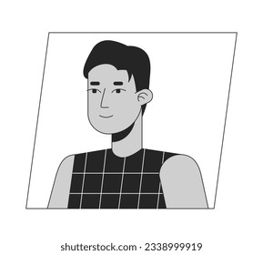 Handsome young adult man black white cartoon avatar icon. Brunette hispanic male. Editable 2D character user portrait, linear flat illustration. Vector face profile. Outline person head and shoulders