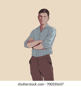Handsome young adult men in shirt and trousers. Hand drawing illustration with black line art. Man with crossed arms. Shadow sketch