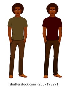 handsome young African American man in casual clothing, t-shirt and jeans, standing with his hands in pockets. Lifestyle illustration. Isolated on white.