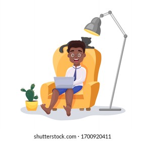 Handsome young African black character working remotely at home with his laptop and cat on the chair in cosy working area. Work online from home concept. Vector flat cartoon illustration