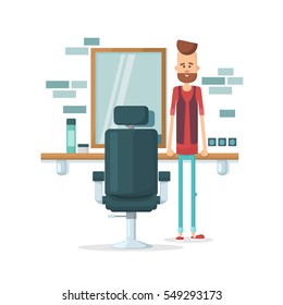 Handsome young bearded barber smiling while standing in the barber shop. Flat Vector illustration.