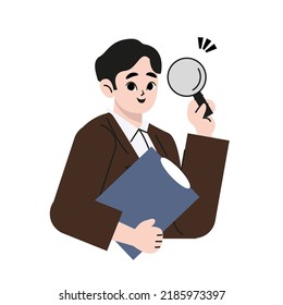 Handsome young bearded man showing, holding magnifying glass and clipboard, document, report in hand. Search, find, discovery, analyze, inspect, investigation concept. Flat style vector illustration