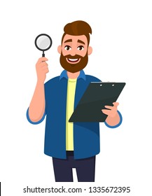 Handsome young bearded man showing/holding magnifying glass and clipboard/document/report in hand. Search, find, discovery, analyze, inspect, investigation concept illustration in cartoon.