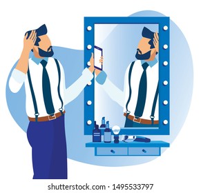 Handsome Young Bearded Man Wearing Trendy Casual Clothing Watching in Mirror Admire his New Hairstyle in Barbershop. Men Beauty Salon, Grooming Place. Happy Customer. Cartoon Flat Vector Illustration