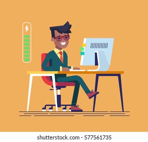 Handsome young black businessman character full of energy to work. Vector flat cartoon illustration