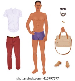 Handsome Young Black Man With Clothes, Paper Doll. Vector Illustration.