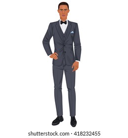 Handsome young black man with clothes, prom or wedding suit, paper doll. Vector illustration.