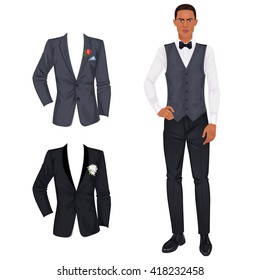 Handsome young black man with clothes, prom or wedding suit, paper doll. Vector illustration.