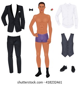 Un hombre negro guapo con ropa, prom o traje de boda, muñeca de papel. Ilustración vectorial.